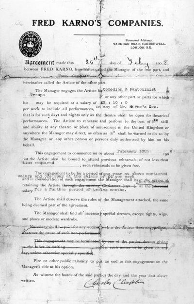 Vereinbarung zwischen Fred Karnos Gesellschaften und Charles Chaplin, 25. Juli 1908 von English School